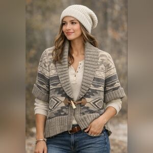 RALPH LAUREN WOOL Cardigan Grey Knit Southwestern Pattern Size M